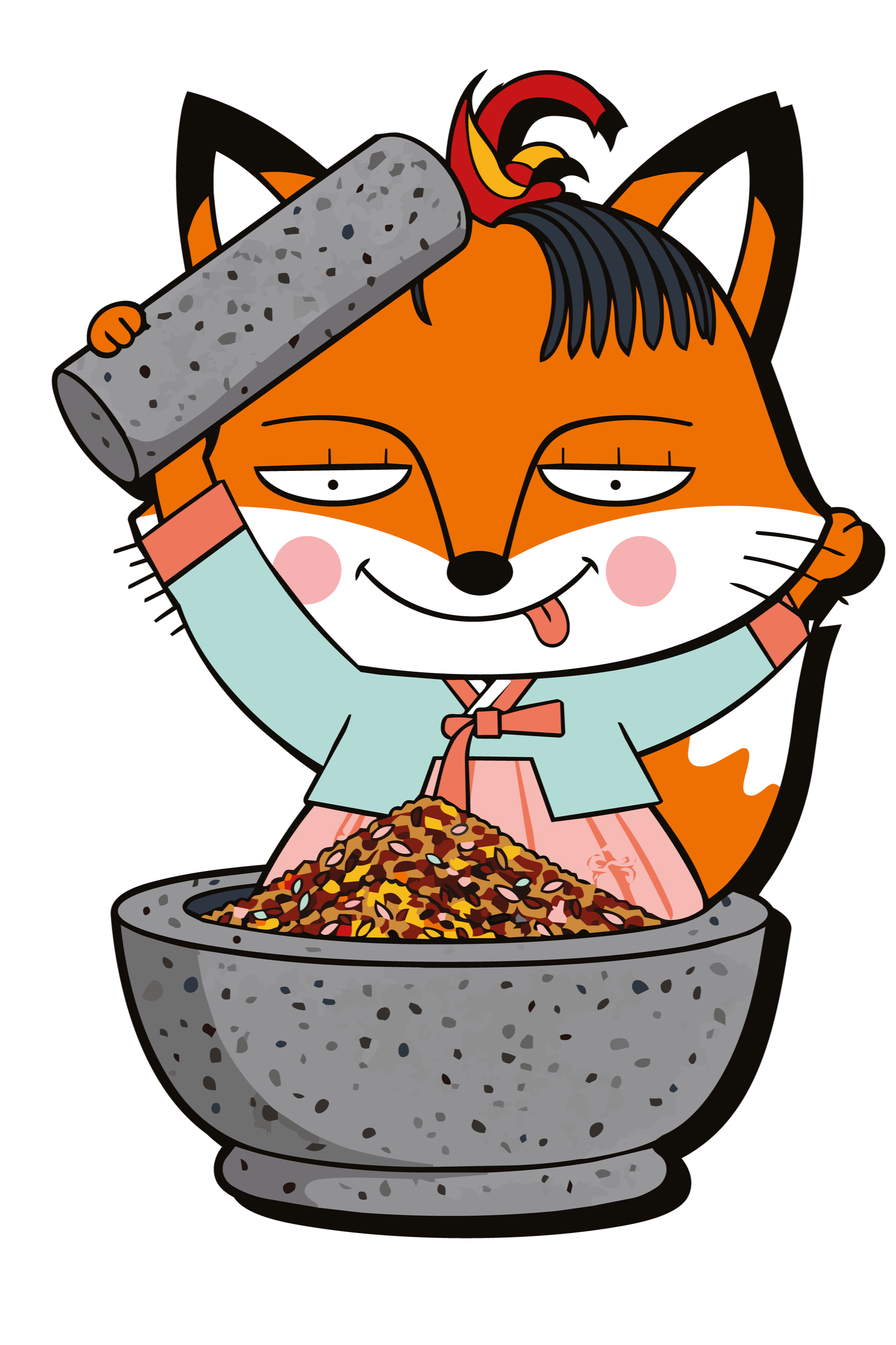 House of Yum fox mascot in a Korean hanbok, gleefully grinding spices in a large stone mortar and pestle, against a red background.