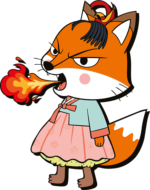 A cartoon fox character wearing a traditional Korean hanbok dress, breathing fire from its mouth, set against a red background. The House of Yum mascot.