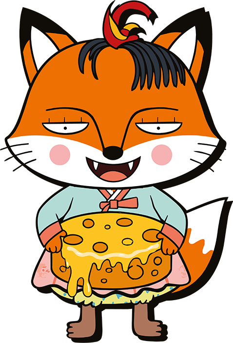 House of Yum fox mascot in a Korean hanbok, grinning and hugging a large melting wheel of cheese, set against a red background.