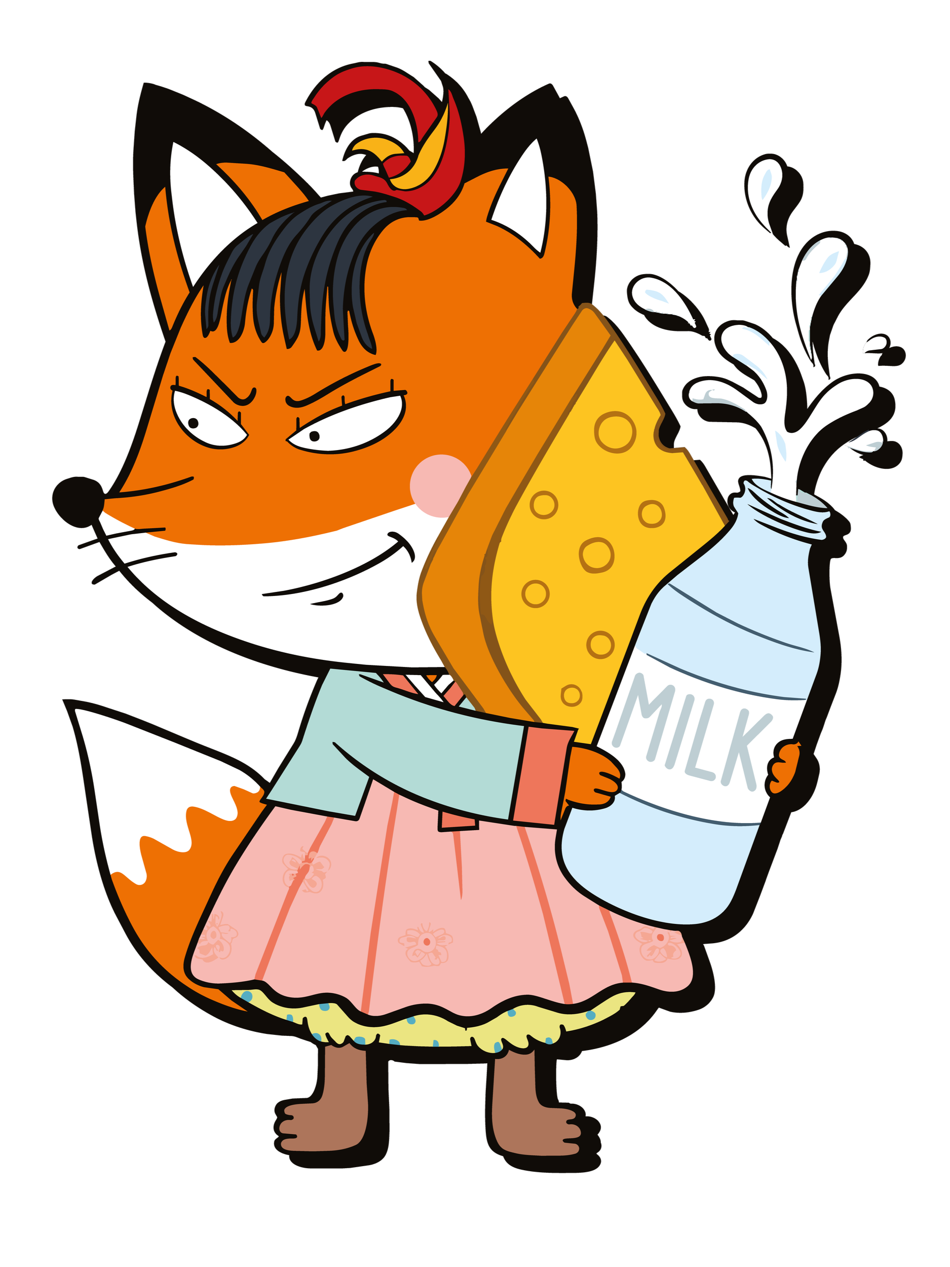 House of Yum fox mascot in a Korean hanbok, holding a wedge of cheese and a splashing bottle of milk, with a sly expression, against a red background.