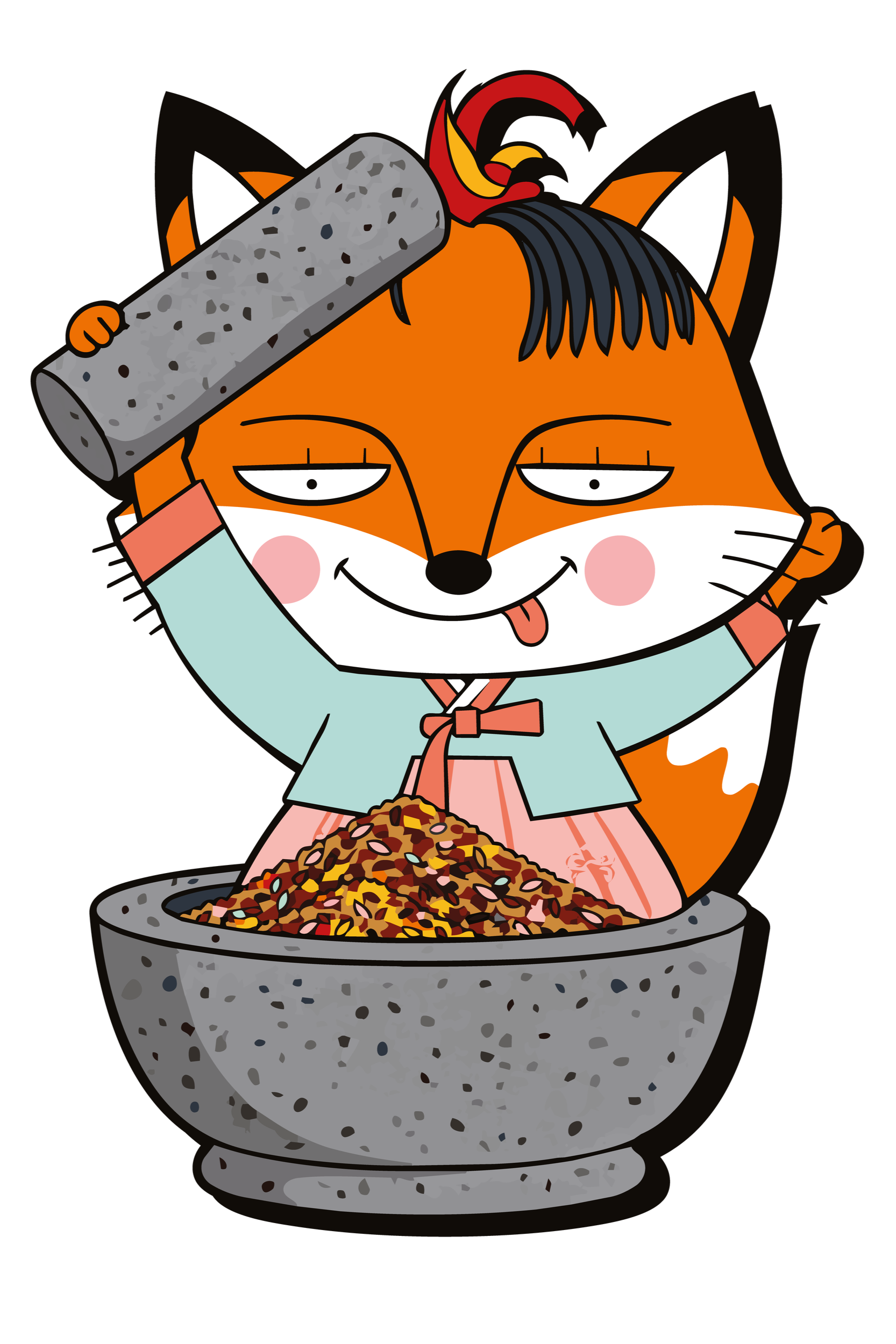 House of Yum fox mascot in a Korean hanbok, gleefully grinding spices in a large stone mortar and pestle, against a red background.