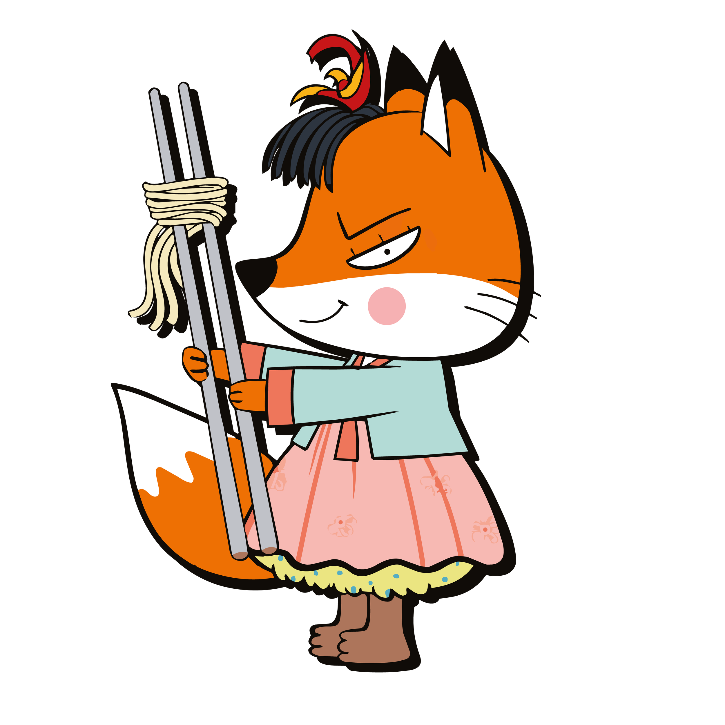 House of Yum fox mascot in a Korean hanbok, holding giant chopsticks with noodles wrapped around them, against a red background.