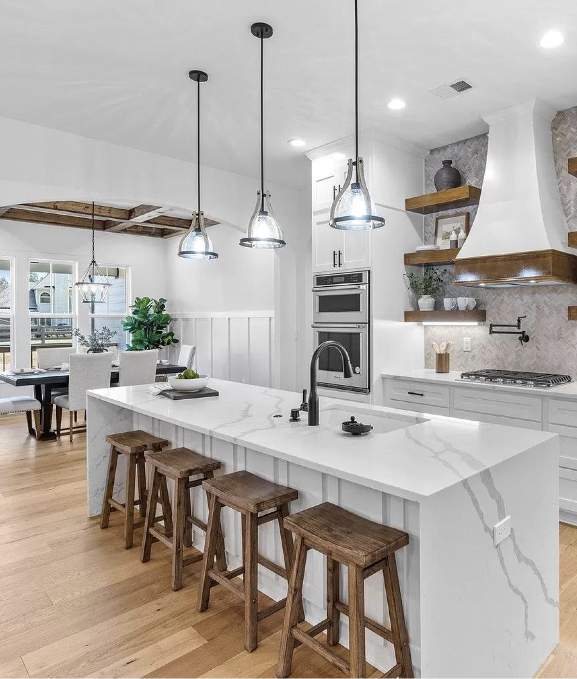 Modern kitchen marble countertop, professionally staged by VIBE Designs in Greenville, SC.