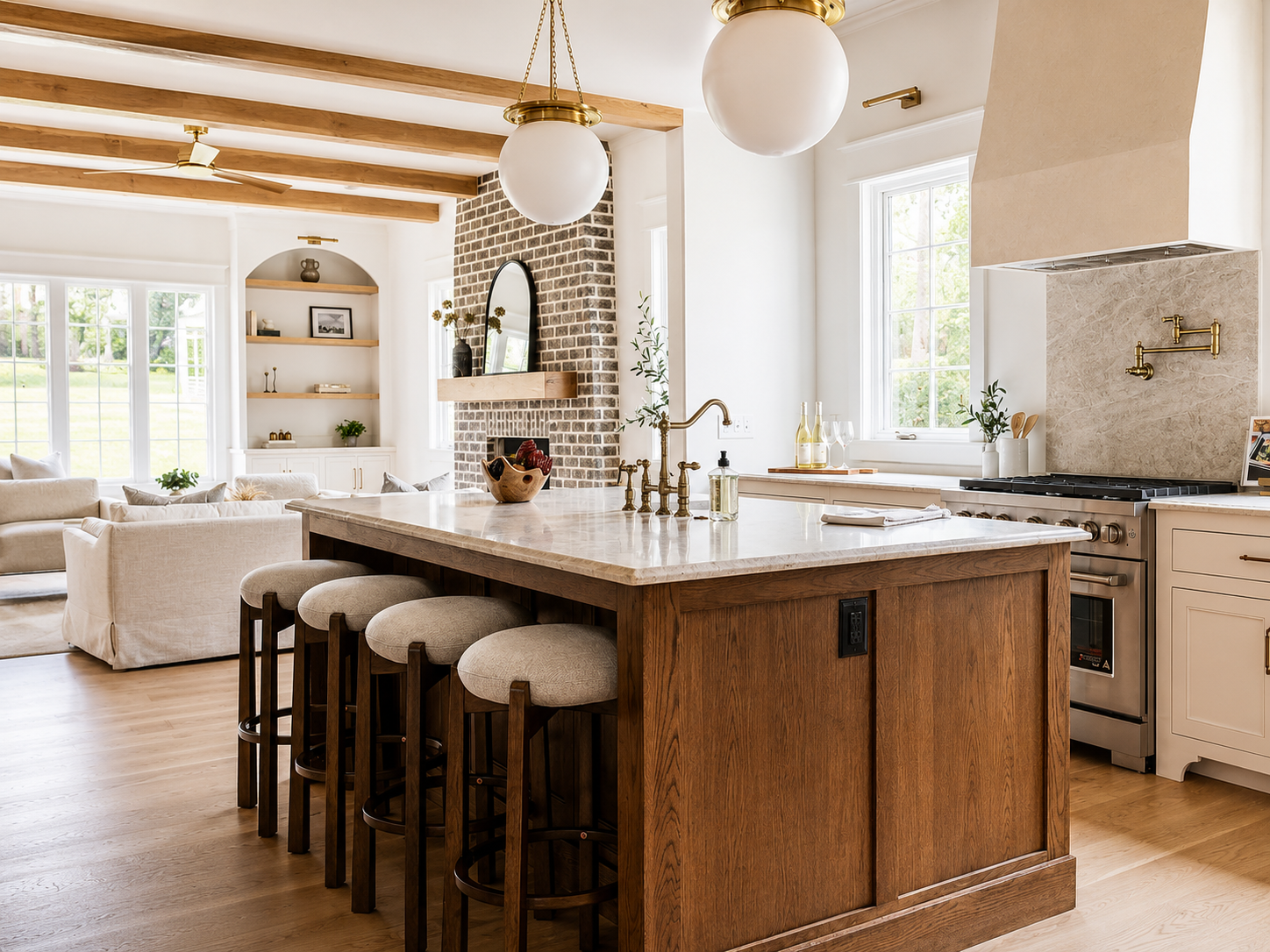 Bright open-concept kitchen and living area, professionally staged by VIBE Designs in Greenville, SC.