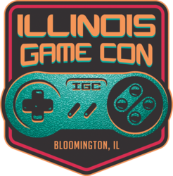 Badge for Illinois Game Con in Bloomington, IL with game controller graphics.