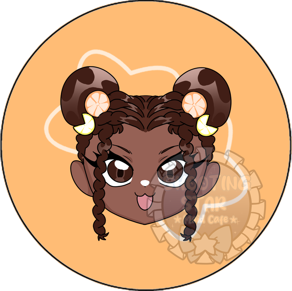 Cartoon character with dark skin, braided hair, and horn-like accessories, sticking out tongue.