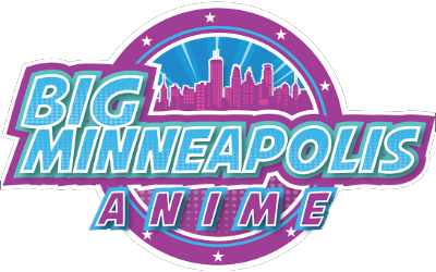 Logo for Big Minneapolis Anime featuring a stylized city skyline within a circular border, with text in bold cartoon fonts reading "Big Minneapolis" and "Anime".