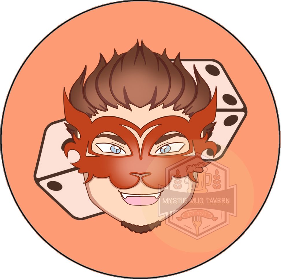 Cartoon illustration of a person's face with fox mask, with two six-sided dice in the background and a Mystic Mug Tavern logo overlay.
