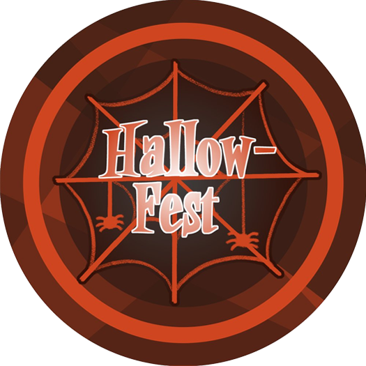 A round sign with a spider web and the text "Hallow-Fest" in the center.