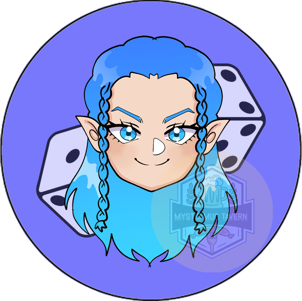 Cartoon avatar of a blue-haired elf with pointed ears and blue eyes, set against a background featuring dice and a logo for Mystic Moon Tavern.