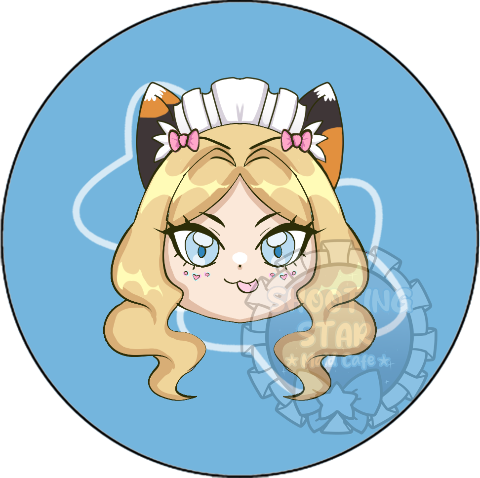 Cartoon-style character with blonde wavy hair, large blue eyes, and a playful expression, wearing animal ears with pink bows and a white headband, against a blue background with white cloud outlines.
