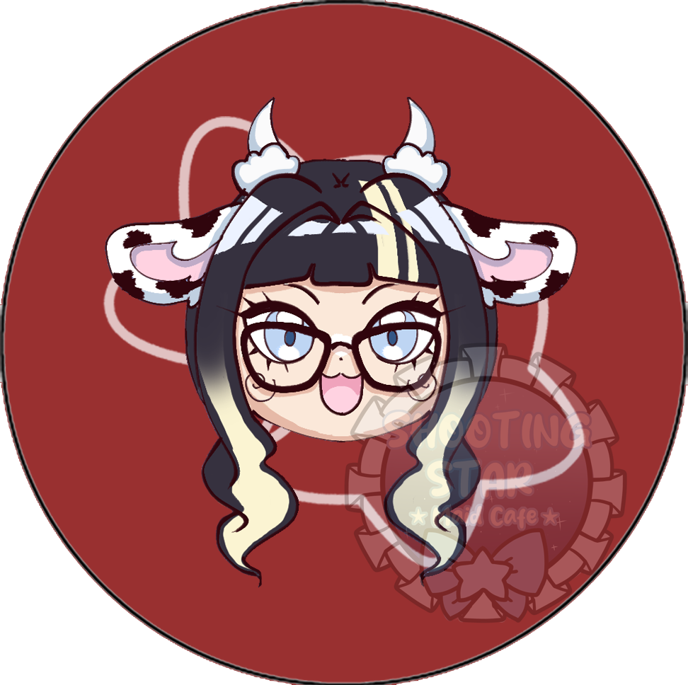 Cartoon avatar of a girl with glasses, long black hair with blonde streaks, wearing a cow hat with horns and ears, on a red background with a heart outline and a logo.