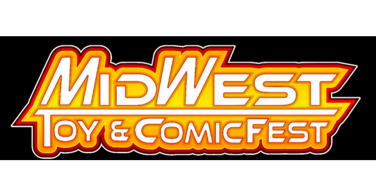 Logo for Midwest Toy & Comic Fest with yellow, orange, and white text on a black background.