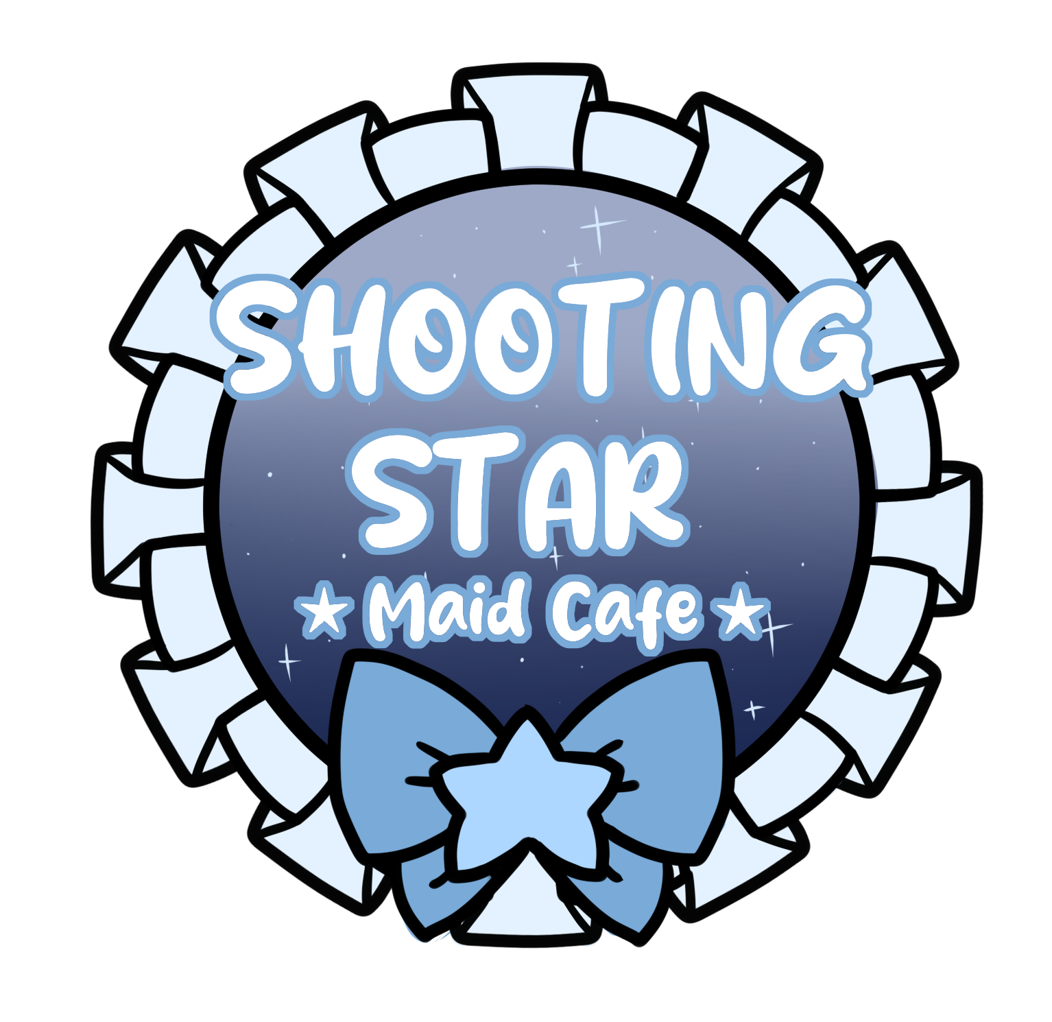 Logo for Shooting Star Maid Cafe featuring a blue star, a circular design, and decorative ribbons, with the text 'SHOOTING STAR Maid Cafe' in a playful font, set against a starry background.