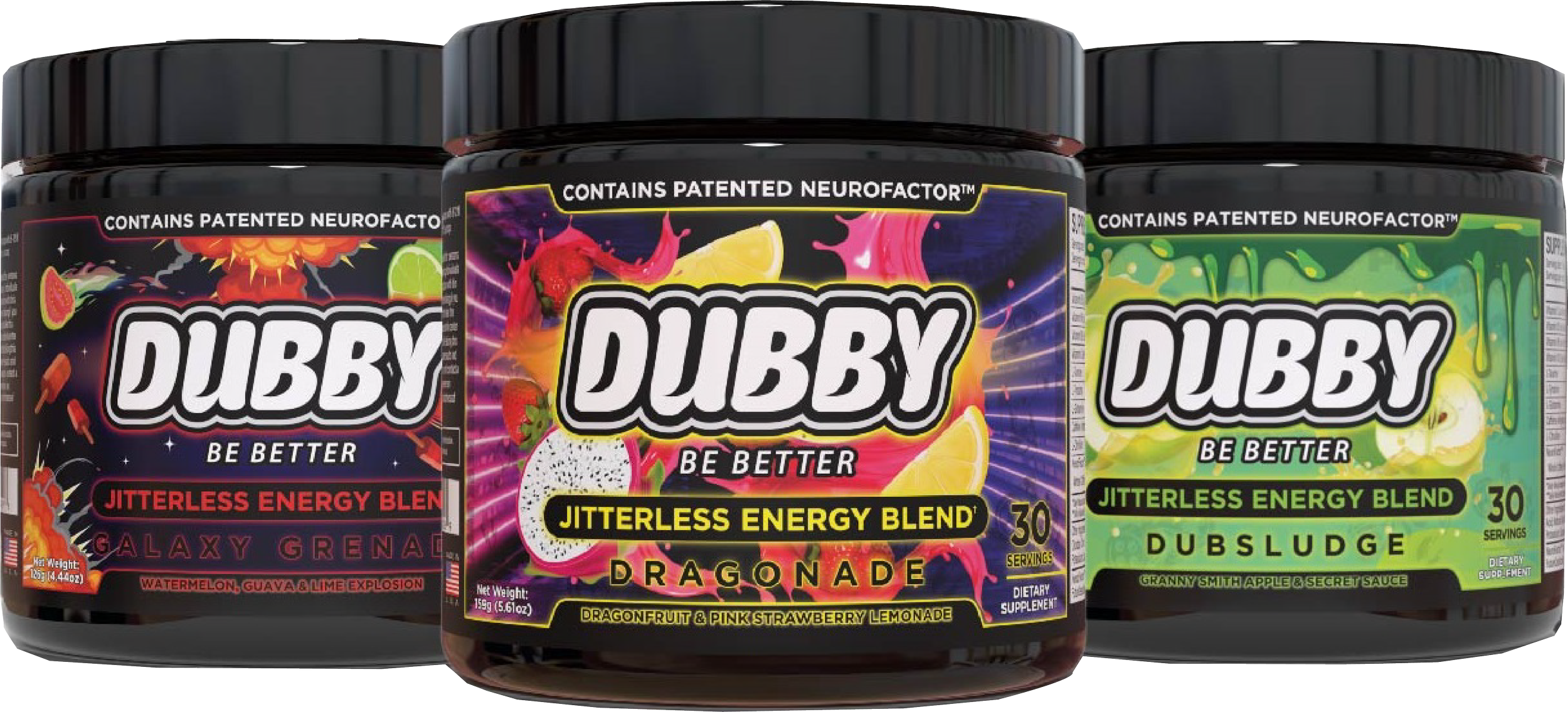 Three jars of Dubby energy supplements with different labels and fruity designs, featuring flavors like galaxy grenade, dragonade, and dubludge.