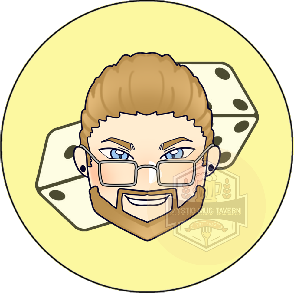 A cartoon avatar of a man with glasses, blue eyes, a beard, smiling, with dice in the background on a yellow circle background.