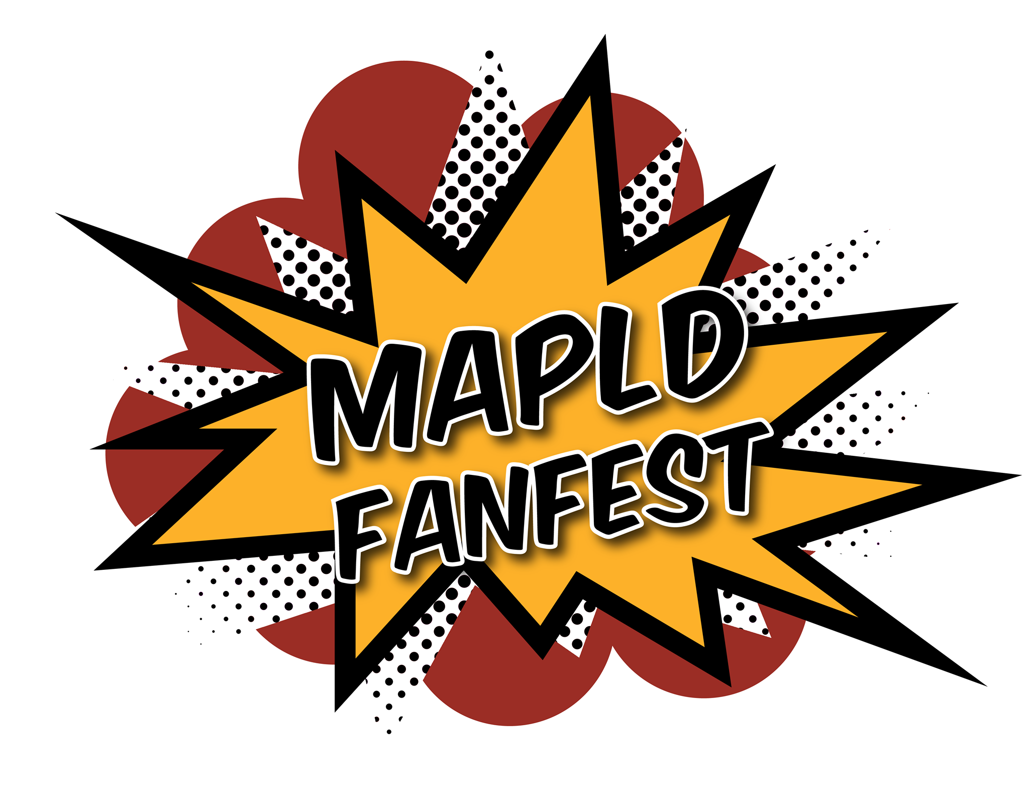 Comic-style graphic with a yellow explosion shape, black outlines, and the words 'MAPLE FEST' in bold black letters, with red and black dotted background elements.