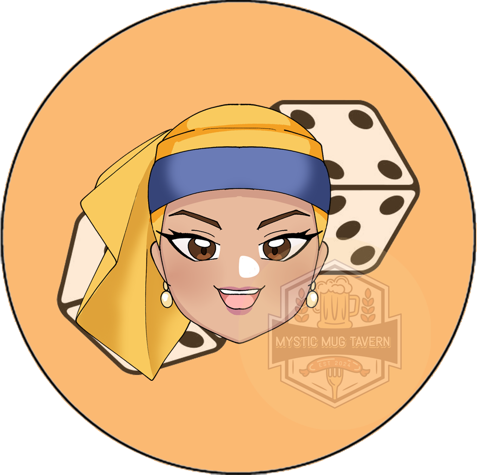 A cartoon illustration of a woman with a blue and yellow headscarf, smiling, with two dice and a beer mug logo that reads 'Mystic Mug Tavern' in the background.