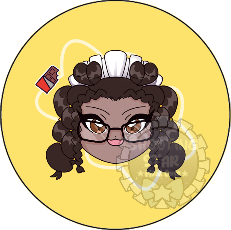 Cartoon avatar of a person with glasses and curly hair, wearing a white hair piece, on a yellow background with a chocolate bar and a badge that says 'Star'.