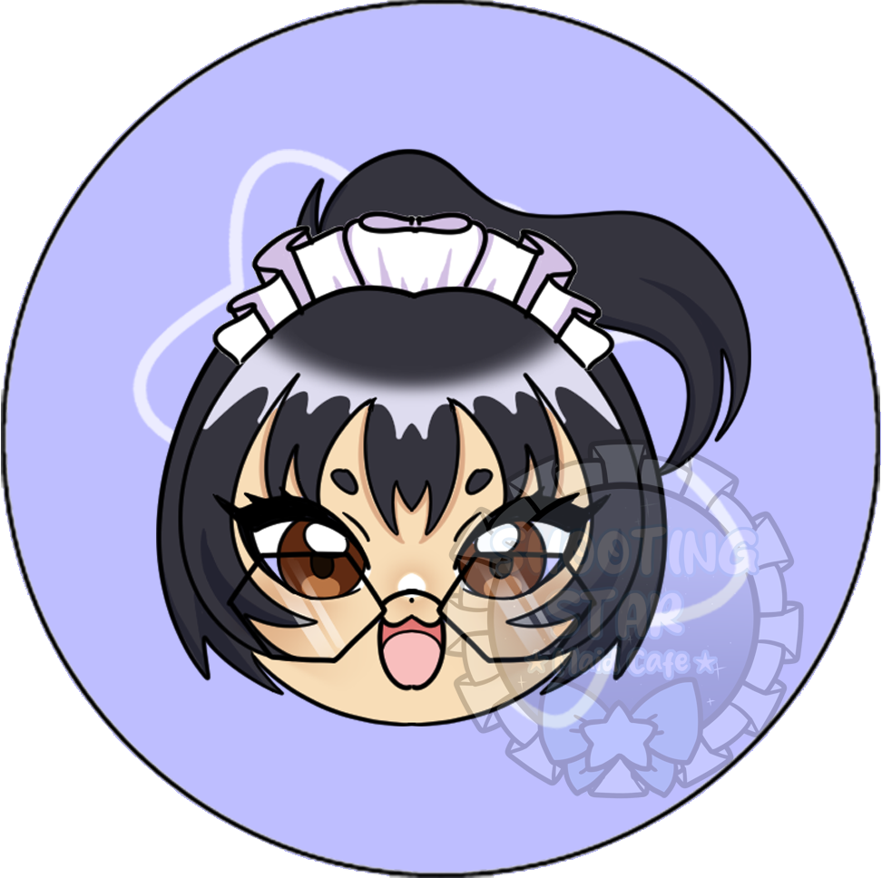 A chibi-style character with brown eyes and black hair, wearing a maid headband and glasses, on a light purple background.