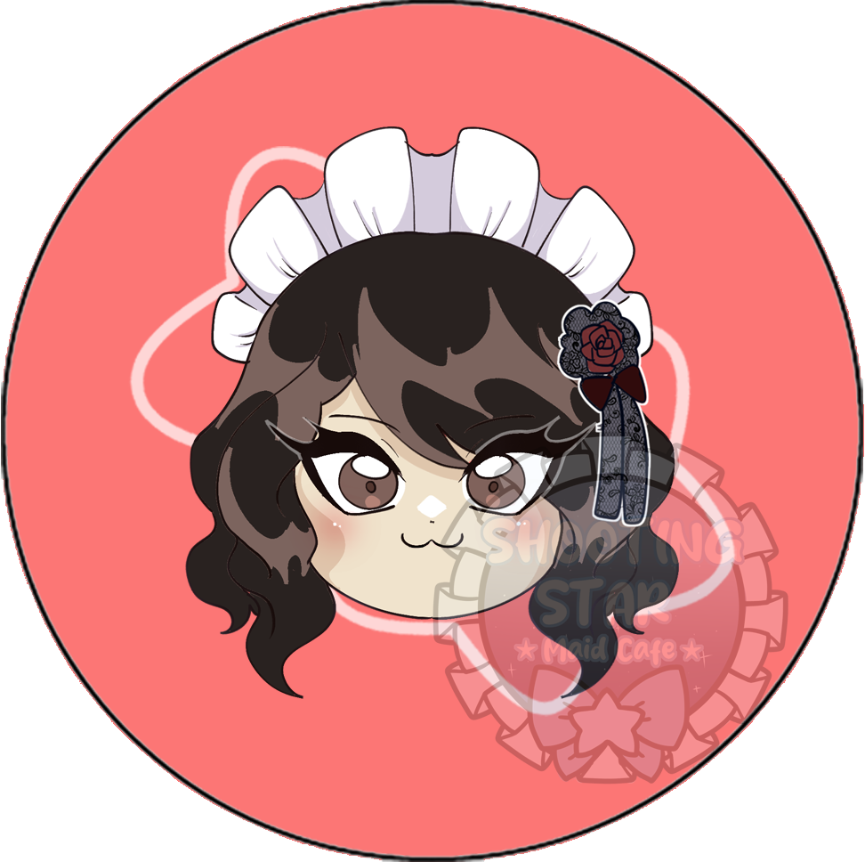 Cartoon girl with brown hair, large eyes, wearing a maid hat with ruffled white trim, and a black ribbon with a red rose accessory, on a pink background.