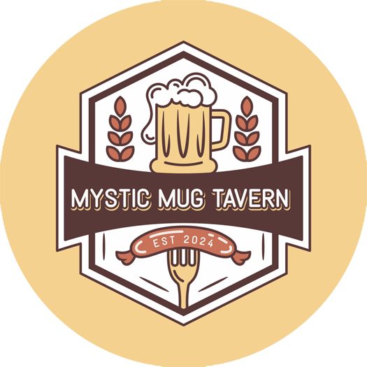 Logo for Mystic Mug Tavern featuring a beer mug and a fork with a banner reading 'Est 2024'.