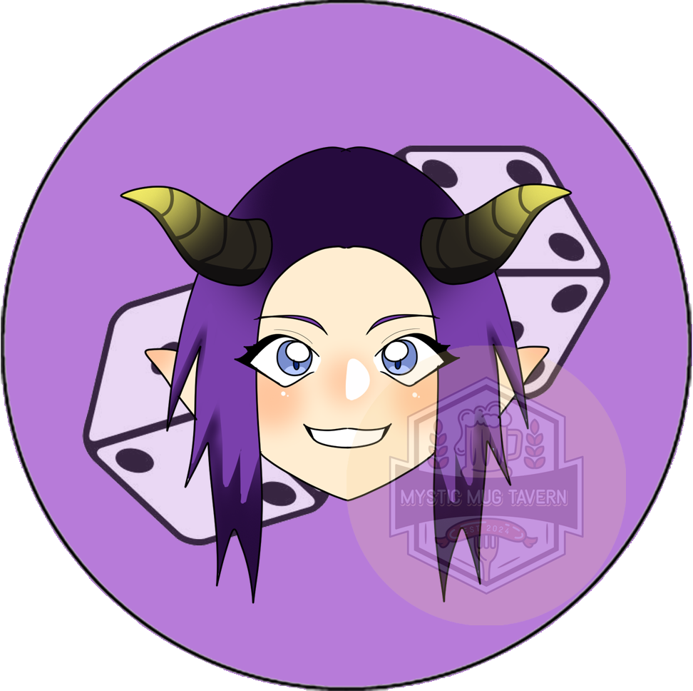 Cartoon avatar of a female character with purple hair, blue eyes, pointed elf-like ears, and black horns, smiling in front of two dice.