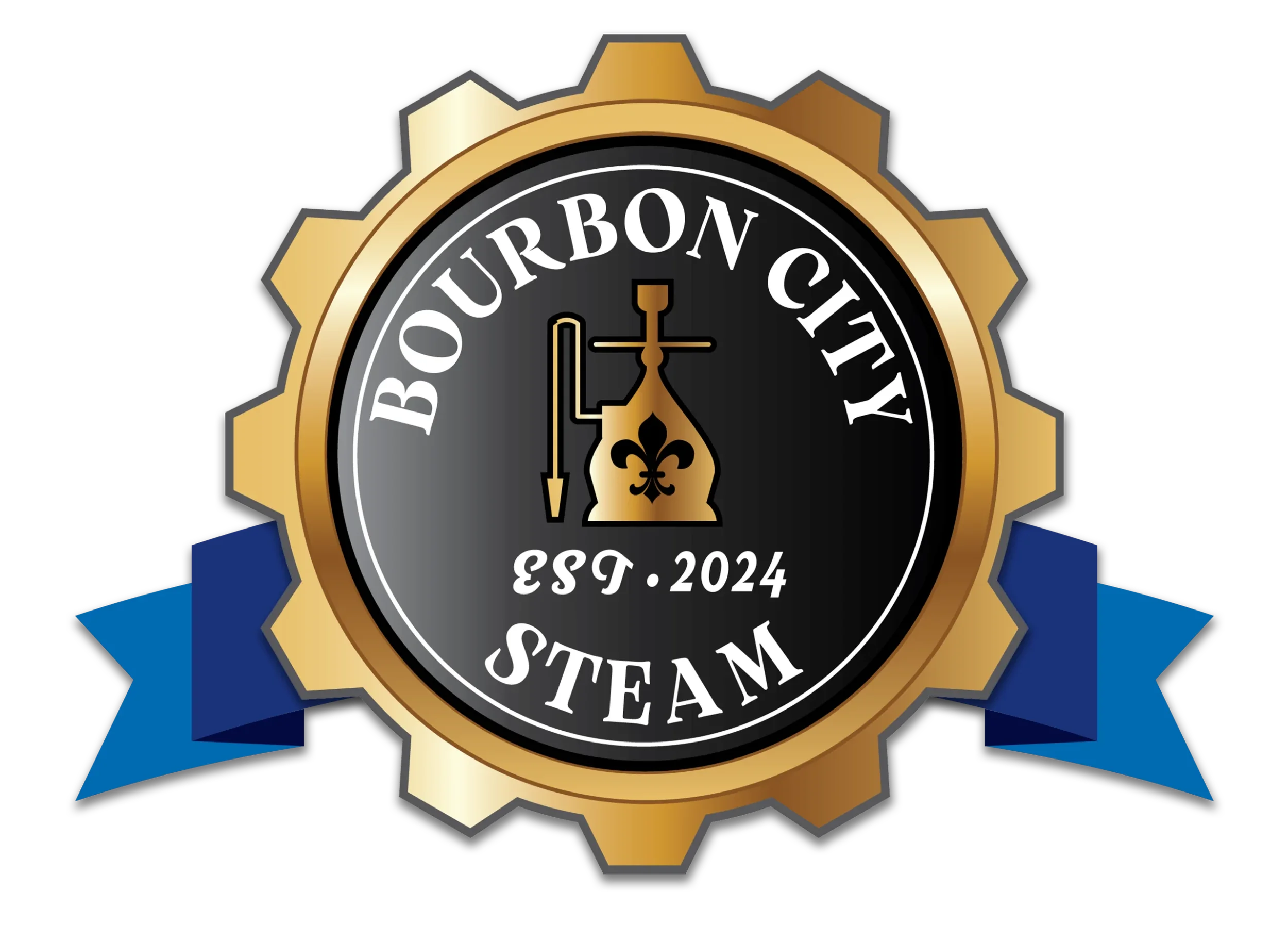A badge or emblem with a gold and black gear design, featuring white and black text that reads "Bourbon City Team" with established year 2024, and blue ribbons on the sides.
