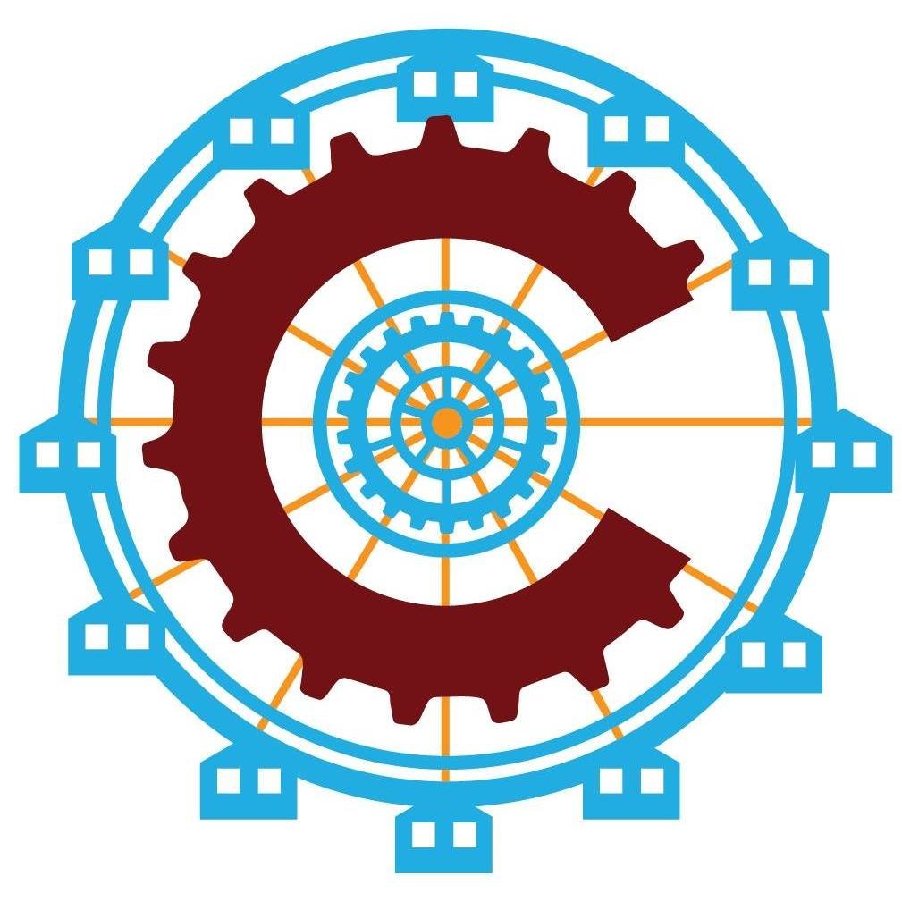 A stylized, digital illustration of a spiral staircase resembling gears and mechanical components, with blue, brown, and orange colors.