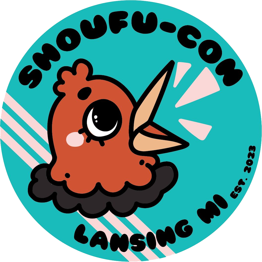 Cute cartoon illustration of a singing bird with a big eye, sitting on a cloud, with musical notes around its beak. Text around the image reads 'SNOOFU-COM' and 'LANSING MI Est. 2023'.