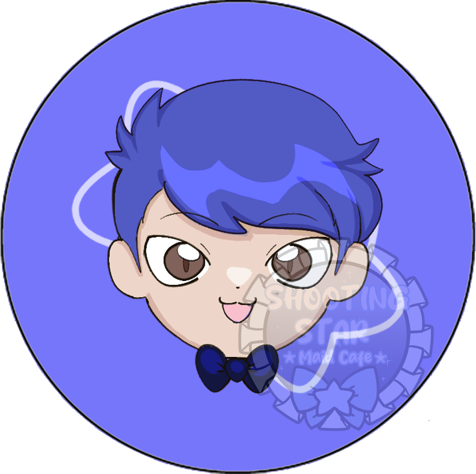 Cartoon boy with blue hair and a blue bowtie, smiling and sticking out tongue, on a blue circular background with star and heart designs.