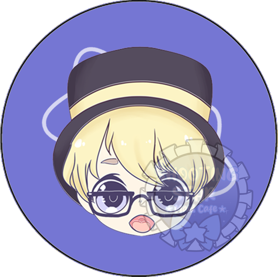 Anime-style character with blonde hair, glasses, and a surprised expression, wearing a black hat with a yellow band, on a circular blue background.