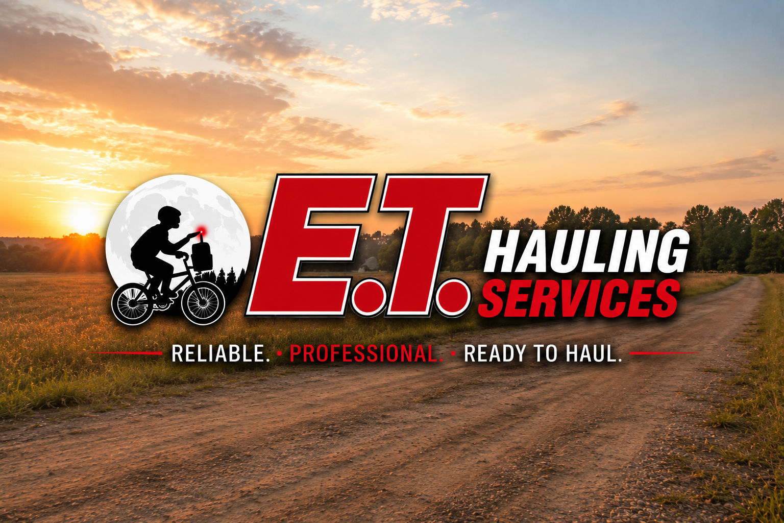A logo for ET Hauling Services featuring a silhouette of a person riding a bicycle with a delivery bag, set against a full moon and a sunset landscape with a dirt road and trees.