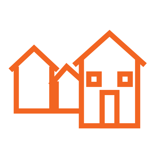 Line drawing of three houses in orange outline on a black background.