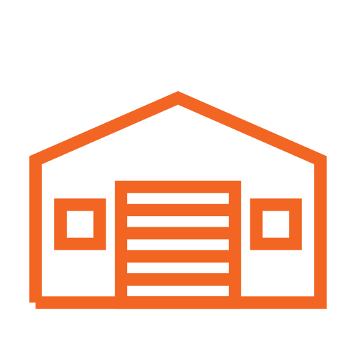 Icon of a warehouse building with large doors and side windows, depicted in orange lines.