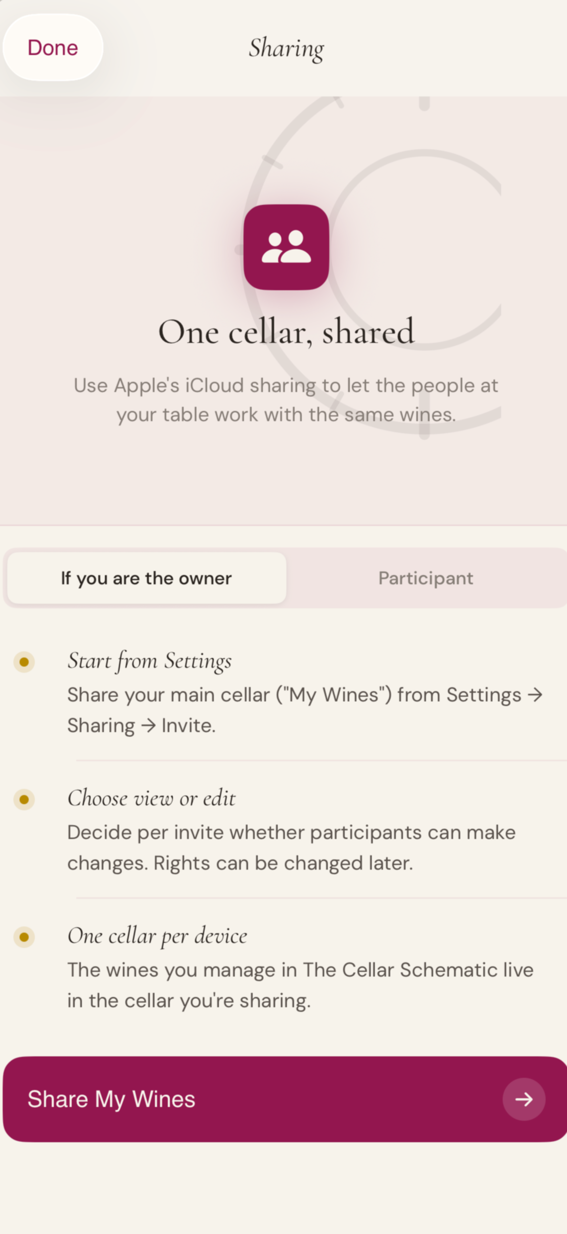 The Cellar Schematic sharing screen, with a burgundy Share My Wines button to invite others to a cellar.