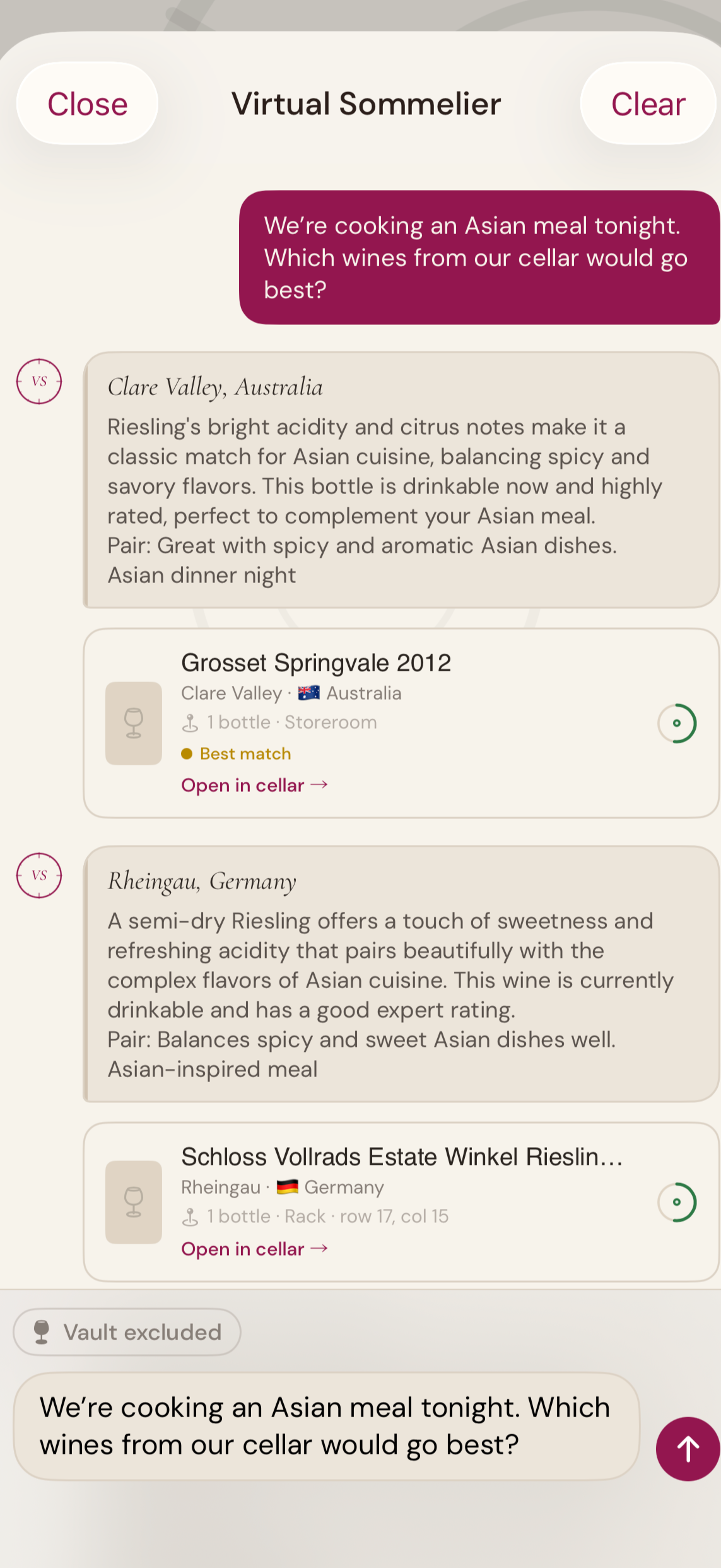 The Virtual Sommelier suggesting wine pairings for an Asian meal, drawn from the user's own cellar.
