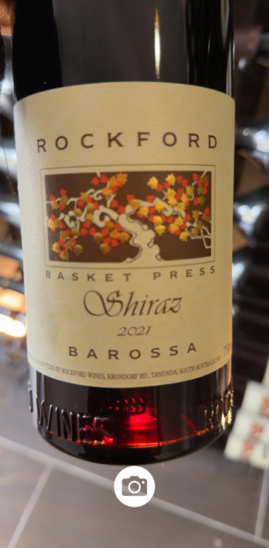A bottle of Rockford Basket Press Shiraz from the Barossa Valley, ready for a wine label scan.