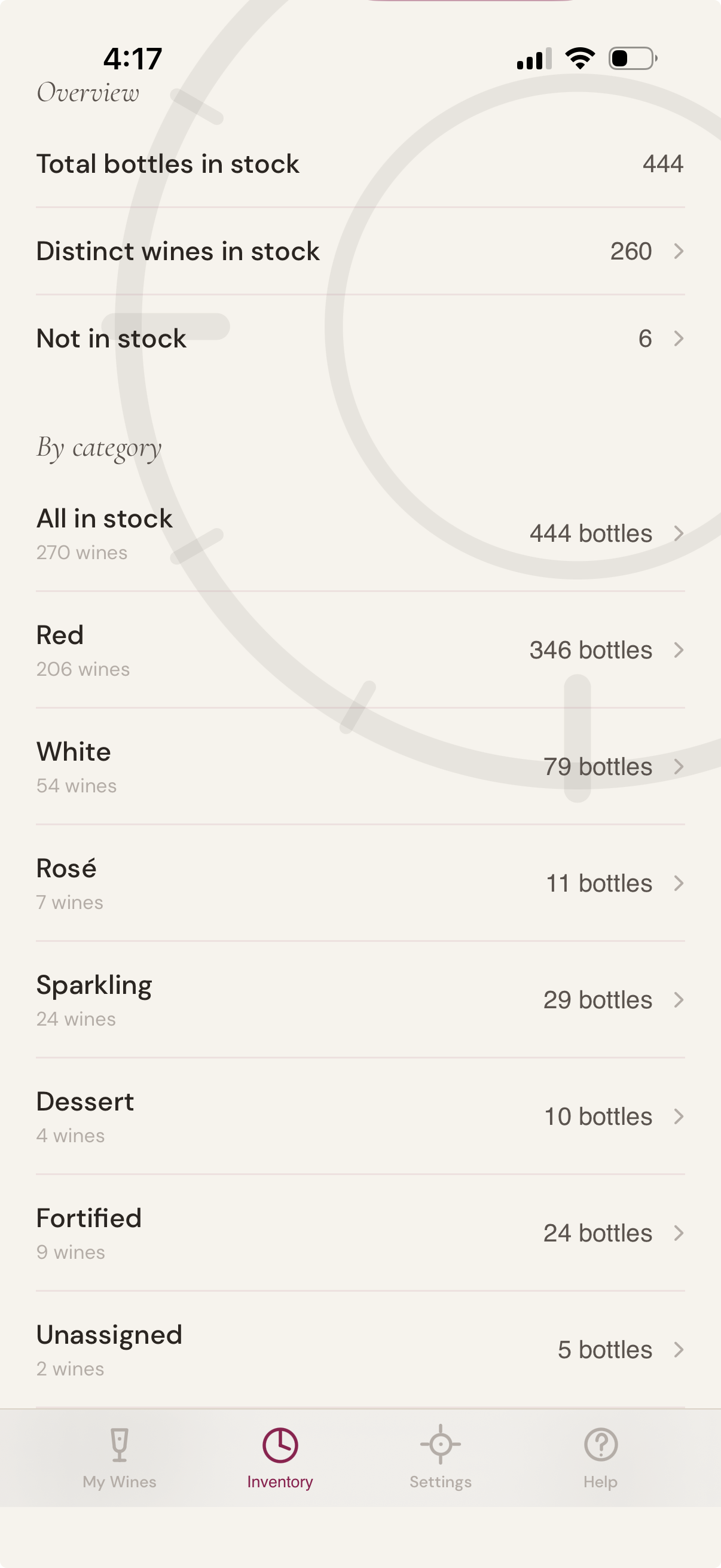 The Cellar Schematic dashboard, summarising the cellar by colour with in-stock and out-of-stock counts.