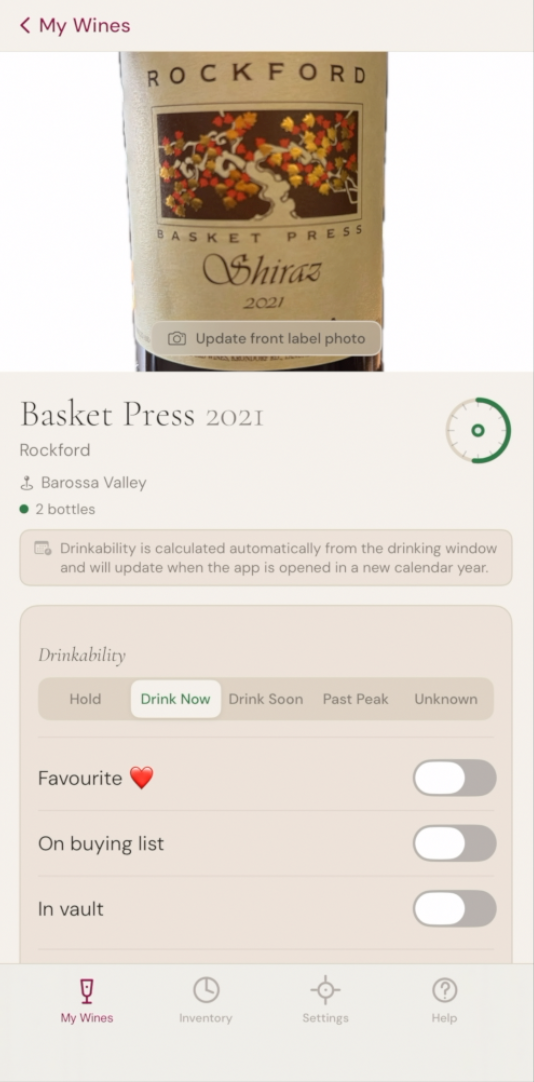 The Cellar Schematic app showing a scanned Rockford Shiraz with its drinking-window status.