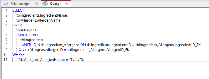 SQL: Ingredients by Allergen Query