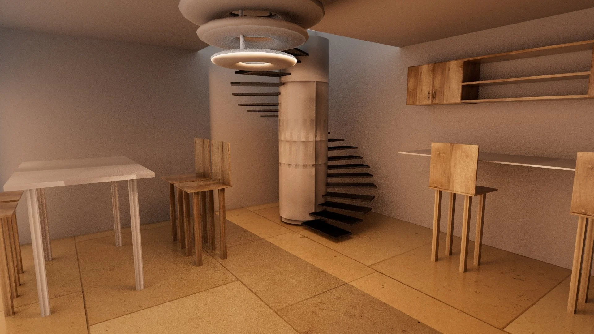An unfinished interior space with wooden and white tables, wooden stools, a staircase, a wall-mounted wooden shelf, and ceiling lighting fixtures.
