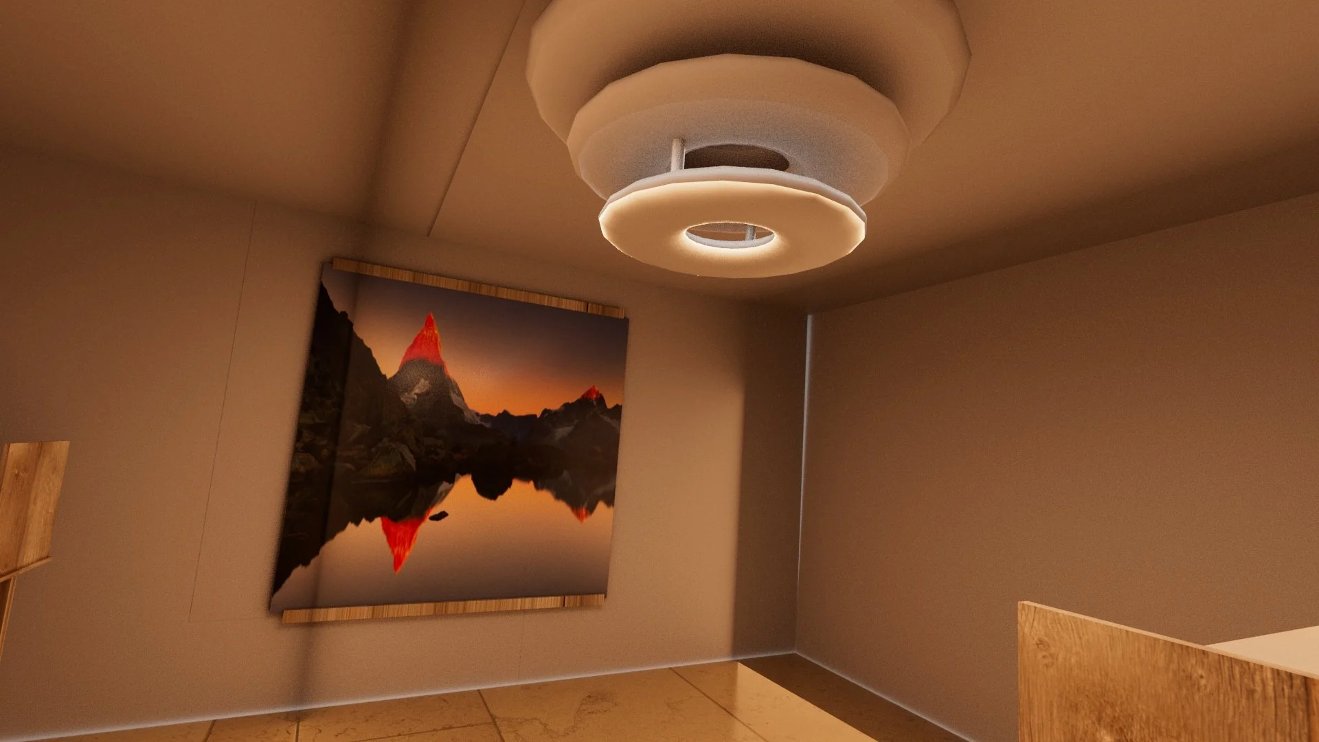 Interior room with beige walls, modern ceiling light fixture, and a large landscape painting of a mountain reflecting in a lake at sunset.