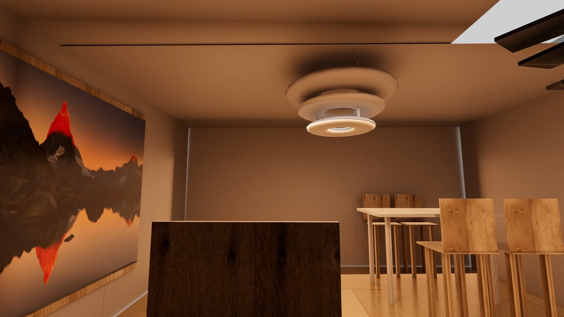 Interior of a modern dining room with a round, layered ceiling light fixture, wooden chairs, a table, and a mountain landscape painting on the wall.