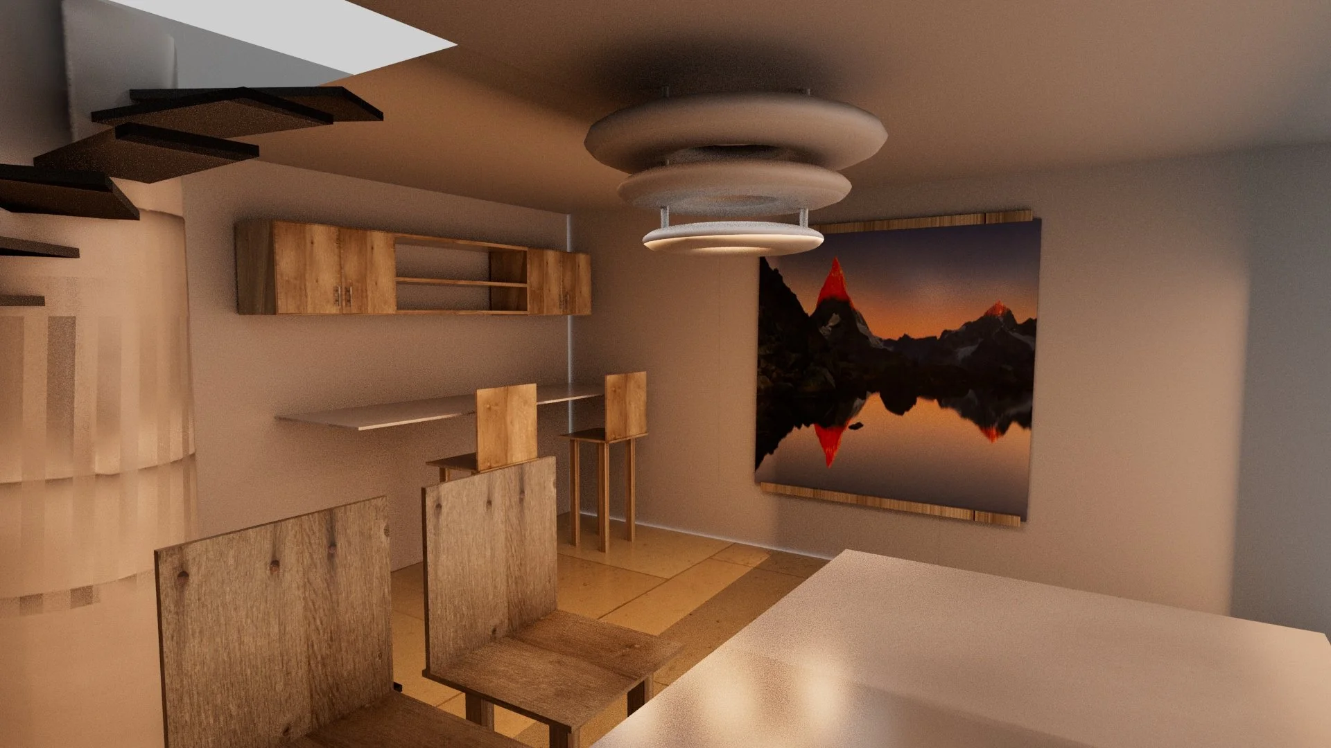 A room with wooden chairs, a white dining table, a wooden wall cabinet, a large landscape artwork of mountains and a lake at sunset, and a modern circular ceiling light fixture.