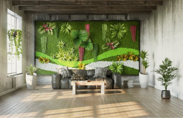 Living room with a large green wall art featuring a garden scene, potted plants around the room, and sunlight streaming through a window.