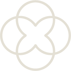 A minimalist black and white geometric pattern with overlapping circles and a central shape that resembles a stylized floral motif.