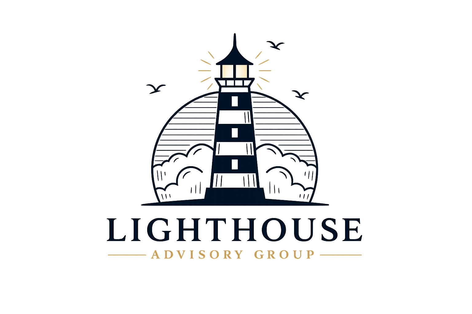 Logo for Lighthouse Advisory Group featuring a lighthouse with waves, birds, and a colorful sunset background.