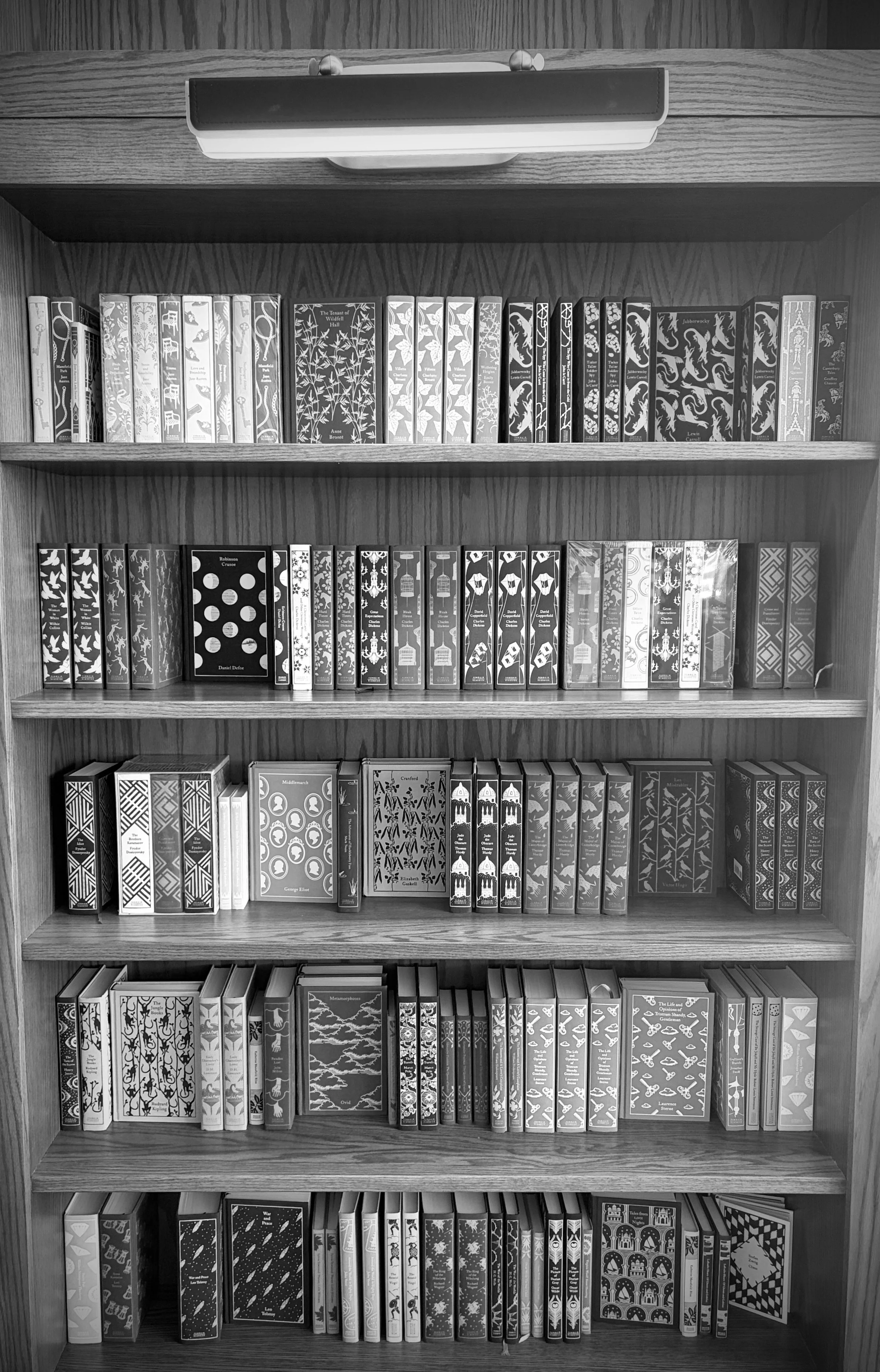 Black and white photo of a wooden bookshelf filled with books, featuring illustrated covers.