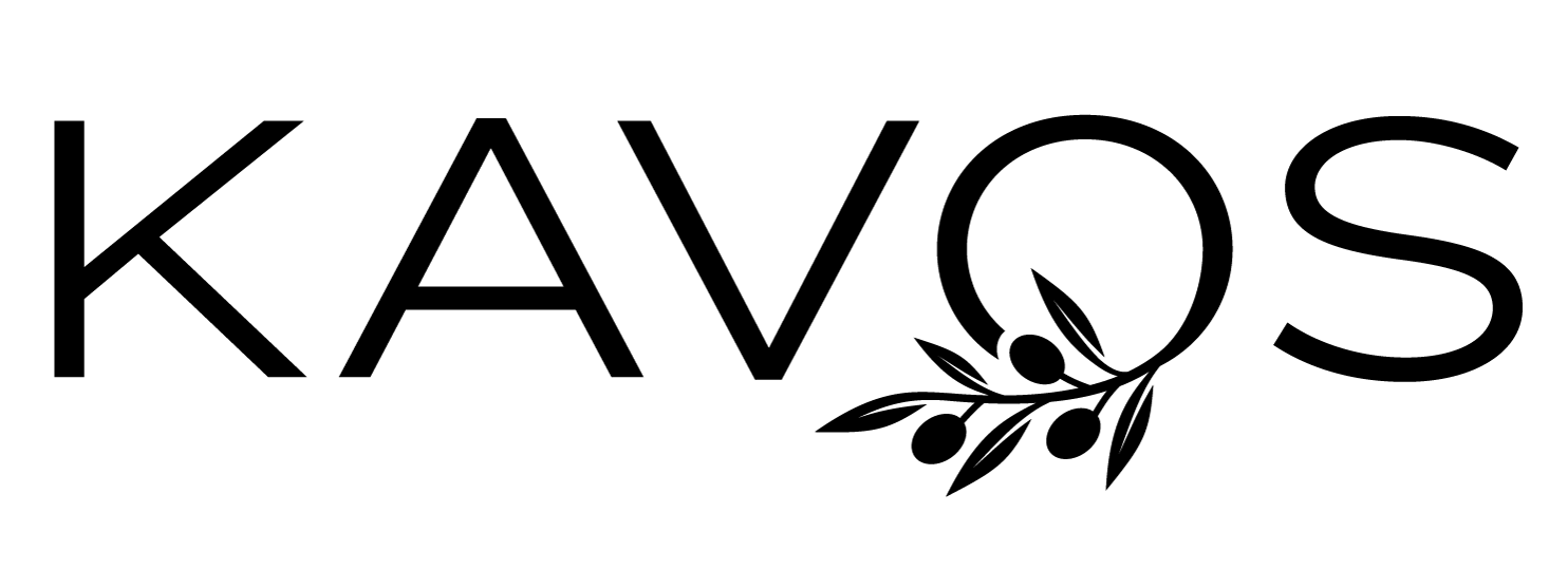 The word 'KAVOS' in black uppercase letters with a decorative olive branch design integrated into the letter 'O'.